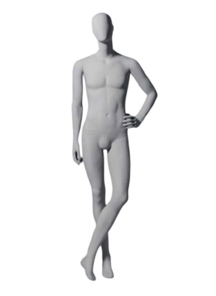 Maniquí de hombre Dakar, posición 02-E7, mano a cintura y pierna cruzada. Blanco mate