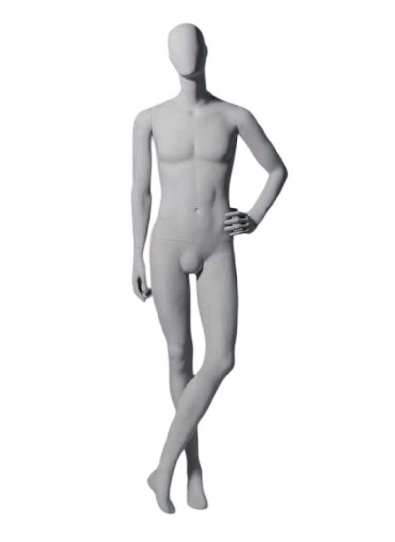 Maniquí de hombre Dakar, posición 02-E7, mano a cintura y pierna cruzada. Blanco mate