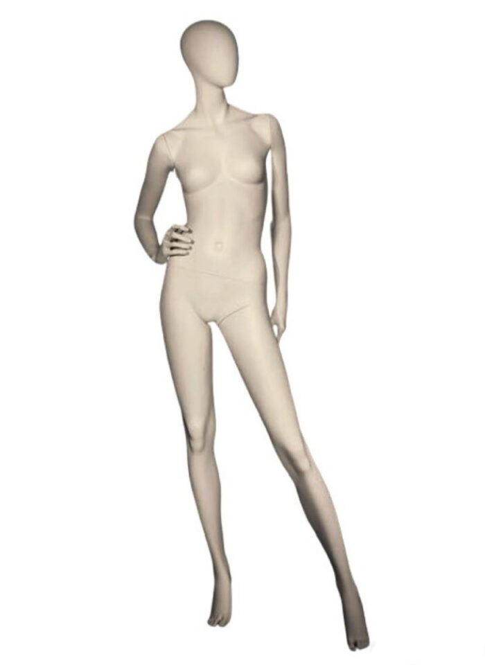 Maniquí mujer colección Gisela, posición 101B, cabeza huevo , mano a cintura. Blanco mate.
